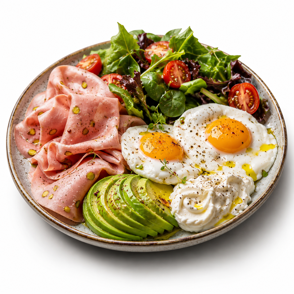 Breakfast with Mortadella, Pistachios & Avocado